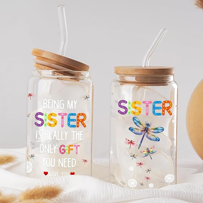 Gifts for Sister 16 Oz Glass Cups with Lids and Straws Funny Sis Iced Coffee Cup Birthday Mother's Day Christmas Gift from Brother Sisters for Friends Sibling Soulmate Bestie Women BFF