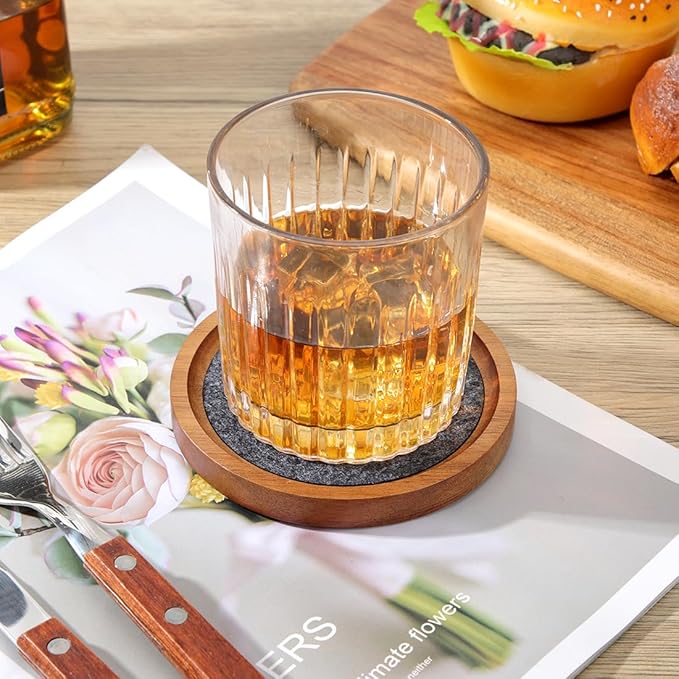 Acacia Wood Coasters for Drinks, HALE OTEIR 4.13 Inch Felt Wooden Coasters for Coffee Table Absorbent Set of 6 with Holder, Natural Wood Stackable Reusable Coasters for Home Office Coffee Bar Table