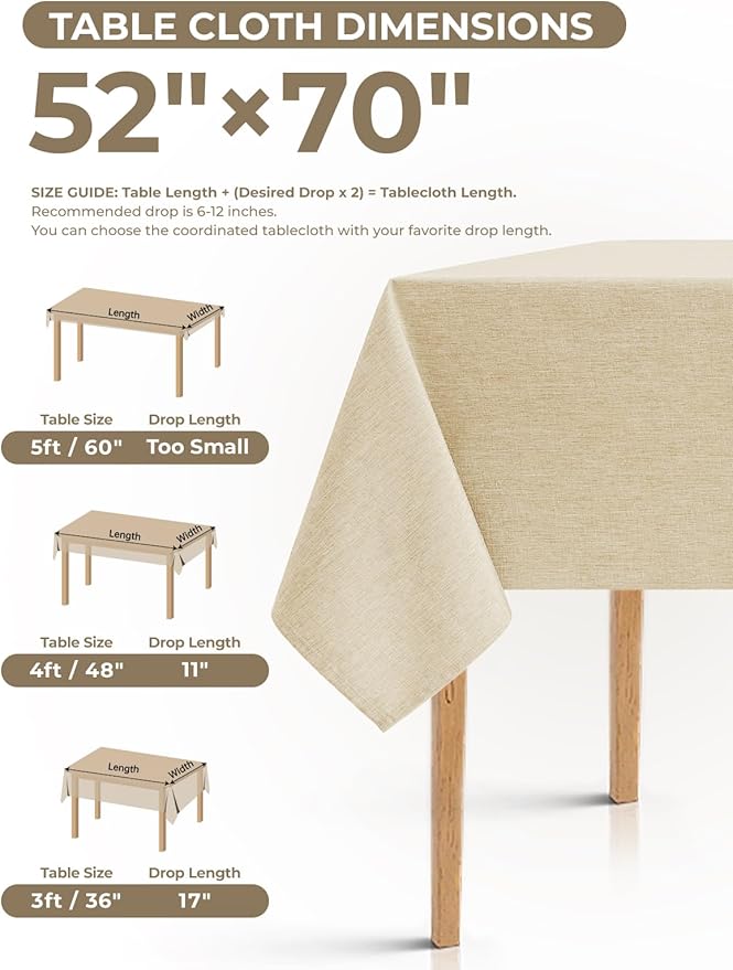 Faux Linen Small Rectangle Tablecloth for Kitchen Dining Room,Outdoor Coffee Wrinkle Resistant Washable Table Cloth Covers for Wedding, Picnics, Party(Oblong,52 x 70 Inch (4-6 Seats), Beige)