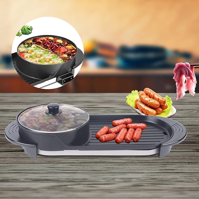 Hot Pot with Grill, Electric Hot Pot 2 in 1 Shabu Shabu Hot Pot Korean Grill, 1100W Large Capacity Baking Tray, Separate Temperature Control, For Family Gatherings, Friend Gatherings