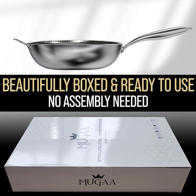 MUGAA 12.5” Nonstick Stainless Steel Wok Pan with Lid | Tri-Ply Honeycomb Hybrid Stir-Fry Pan | Nonstick Woks & Stir-Fry Pans | PFOA-Free, Induction, Dishwasher & Oven Safe