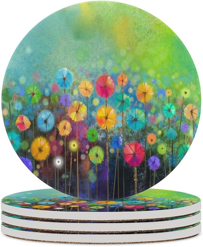 Round-4PCS Floral Ceramic Coasters, Round Absorbent Drink Coasters, Watercolour Abstract Wildflower Nature Plant Colorful Floral Ceramic Table Coasters for Coffee, Beverage, Wine, Beer Coasters