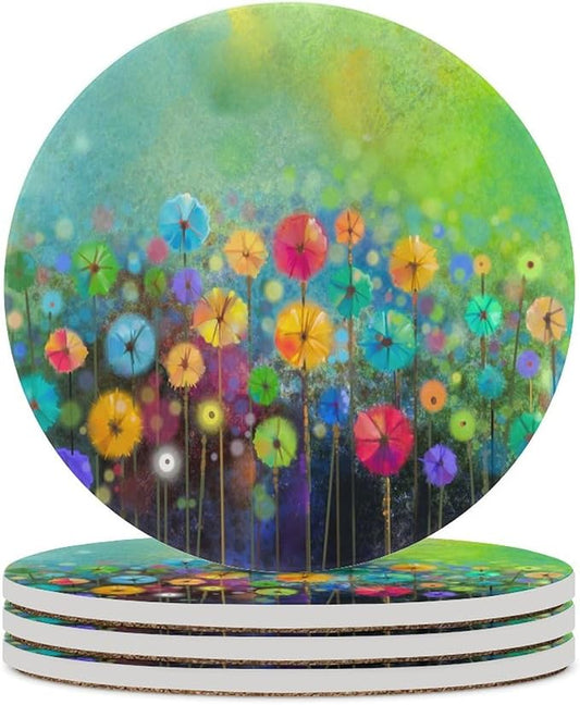 Round-4PCS Floral Ceramic Coasters, Round Absorbent Drink Coasters, Watercolour Abstract Wildflower Nature Plant Colorful Floral Ceramic Table Coasters for Coffee, Beverage, Wine, Beer Coasters