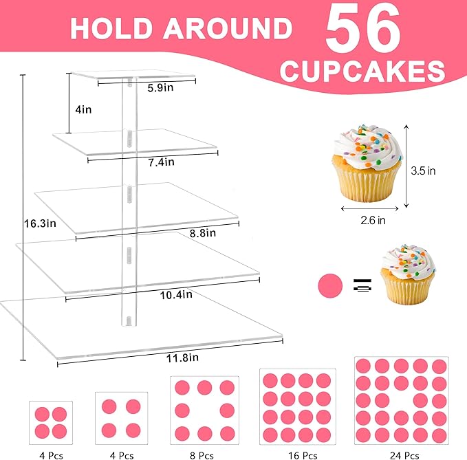Weddingwish 5 Tier Acrylic Cupcake Stand, Clear Cupcake Tower Stand for 50 Cupcakes, Dessert Display Stand for Wedding Birthday