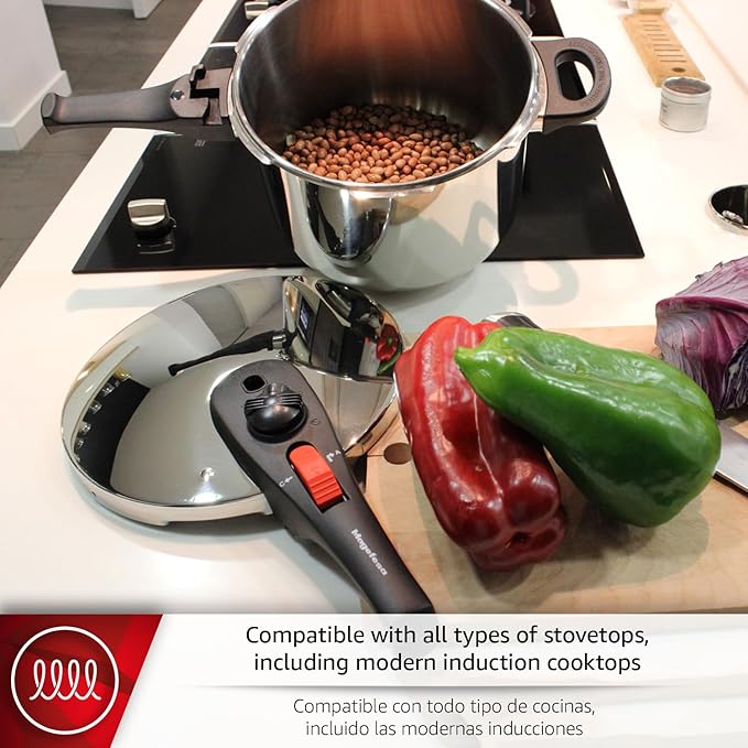 Magefesa Practika Plus 8-Quart Stainless Steel Pressure Cooker, Suitable for All Types of Stovetops, 5-Layer Heat Diffuser Bottom, 5 Safety Systems, Even Heat Distribution