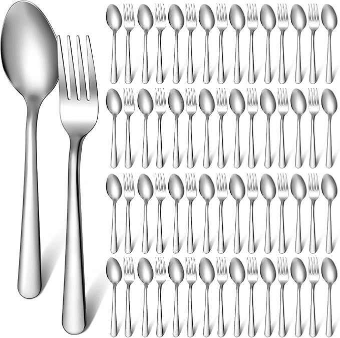 BBTO 100 Pcs Forks and Spoons Silverware Set Bulk Stainless Steel Flatware Cutlery Set 6.7'' Kitchen Utensils for Home Restaurant 50 Dinner Fork, 50 Teaspoon, Mirror Polished, Dishwasher Safe