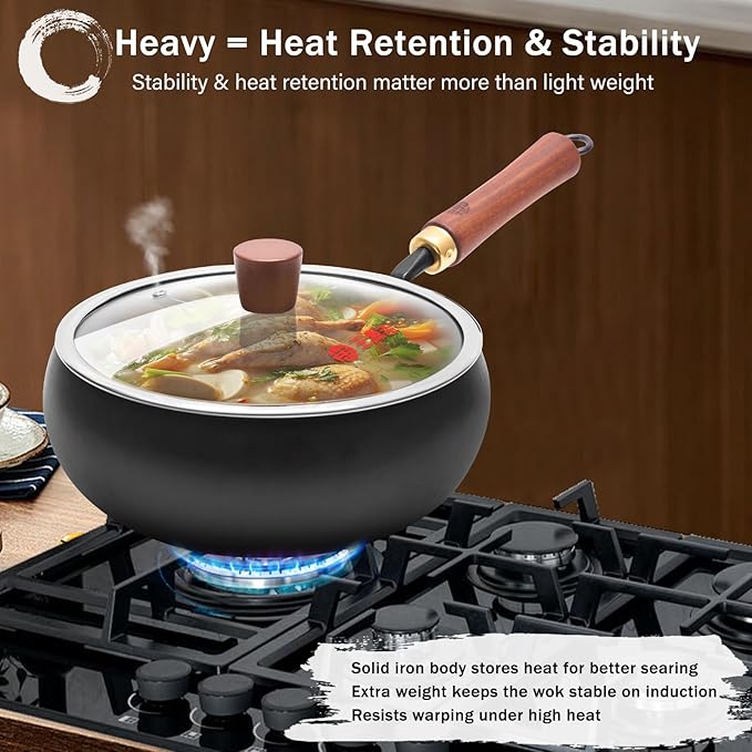 WANGYUANJI Iron Wok Pan 9.5-Inch for 1–2 People, Flat Bottom Stir Fry Wok with Lid & Spatula,Uncoated & Unseasoned Bare Iron, Heavier Design for High-Heat Cooking, Induction Compatible