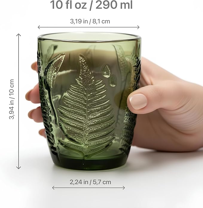 Green Drinking Glasses Set of 8, 10 oz Handcrafted Deep Textured Glass Cups, Retro Colored Drinkware for Water & Cocktails, Decorative Vintage Glassware, Everyday Use & Entertaining Artisan Gift Set