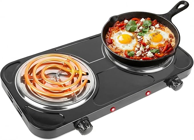 2000W Electric Portable Double Burner Coil Heating Hot Plate Stove Countertop RV Hotplate Temperature Controls Easy to Clean for Camping RV Kitchen (Black) ﻿