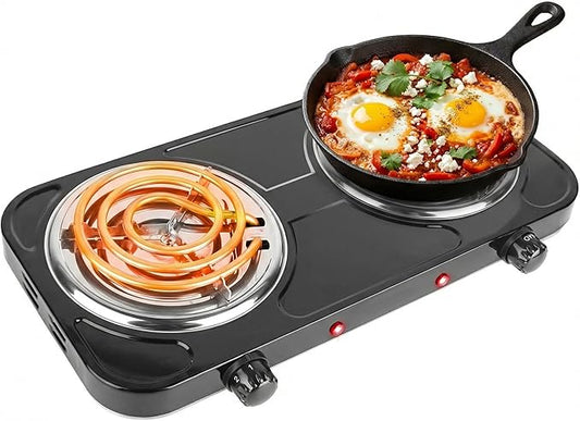 2000W Electric Portable Double Burner Coil Heating Hot Plate Stove Countertop RV Hotplate Temperature Controls Easy to Clean for Camping RV Kitchen (Black) ﻿