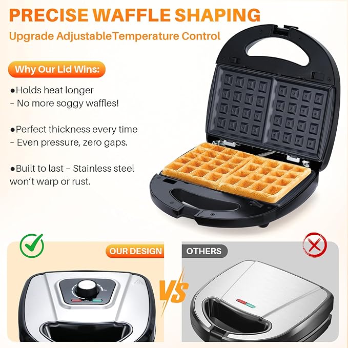 6 in 1 Waffle Maker With Removable Plates,Breakfast Sandwich Maker,Panini Press Grill Mini Donut Maker Machine with 5-Gear Temperature Control for Cooking Steaks Burgers,Grilled,Cheese