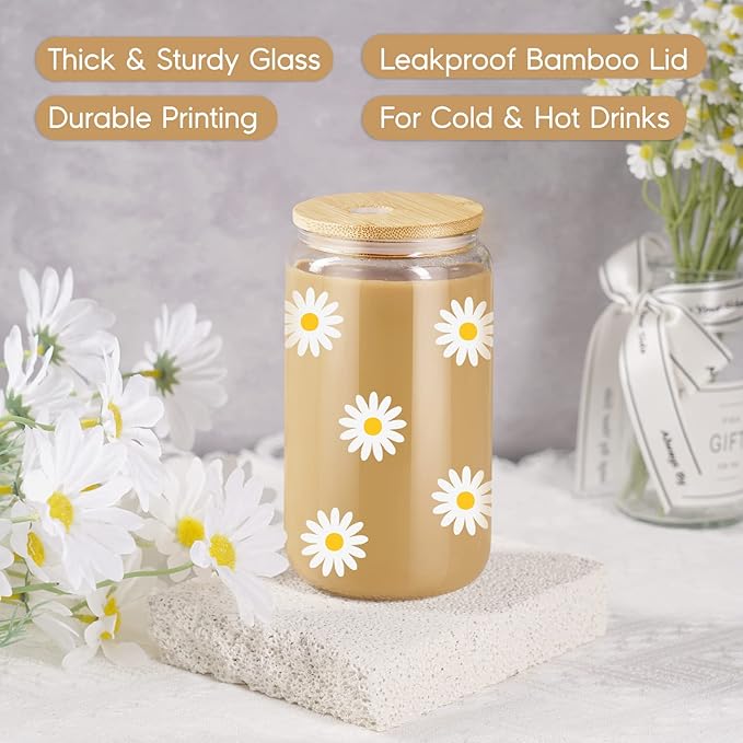 GSPY Daisy Aesthetic Gifts, Iced Coffee Cup, Cute Glass Cups with Lids and Straws - Cute Mugs, Flower Mug, Glass Tumbler - Valentines Day, Birthday Gifts for Women, Coffee Lovers, Friend, Girls, Mom