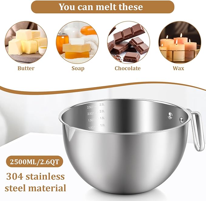 4-Piece Double Boiler, Chocolate Melting Pot Set Include 2500ml/2.3QT Mixing Bowl and 4000ml/3.63qt Stainless Steel Pot, Silicone Spatula, Stainless Steel Stirring Spoon, Induction Safe