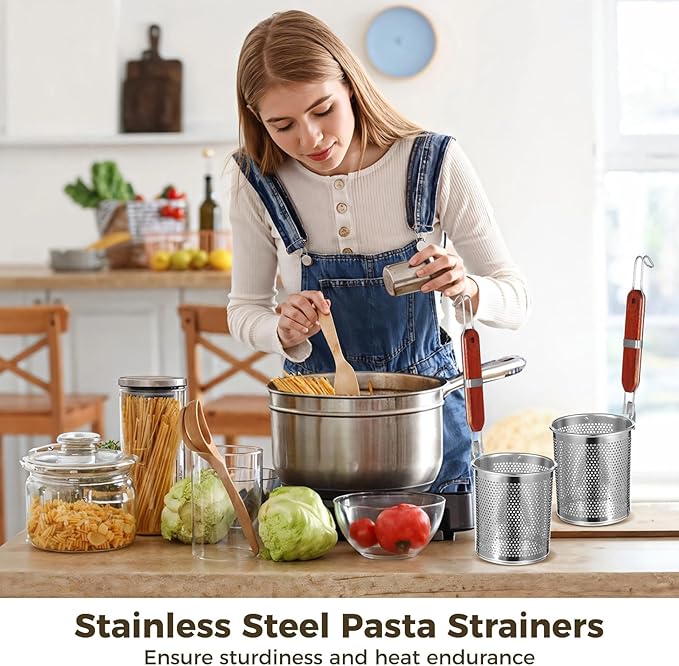 Stainless Steel Pasta Strainer 4 Pcs, Noodle Dumpling Strainers, Blanching Baskets with Red Wood Handle, Mesh Kitchen Tool Set, 4.7×5.5in（W×H）