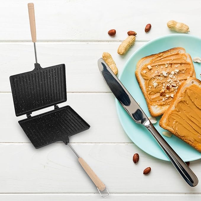 Hot Sandwich Maker, Non stick Grilled Panini Maker Pan with Handle, Stovetop Camping Sandwich Toaster Aluminum Flip Pan for Toast, Waffle, Breakfast