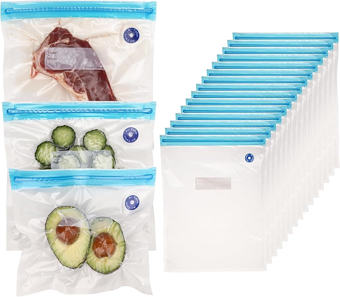Food Vacuum Sealer Bags – 15 Pack Reusable Bags with Leakproof Zip Seal & Air Valve – Microwave, Freezer & Reusable Sous Vide (Large)