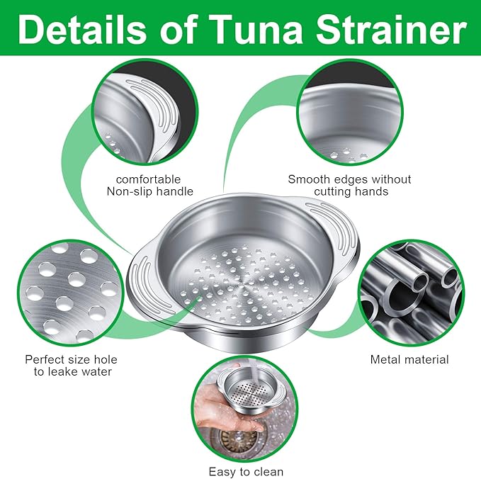 Patelai 2 Pieces Tuna Can Strainer Stainless Steel Food Strainer Sieve Metal Press Lid Canning Colander Oil Drainer Tuna Filter for Beans Vegetables