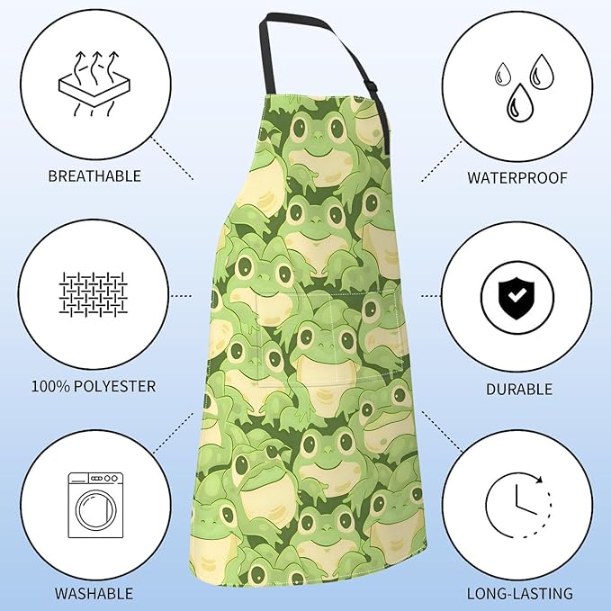Cute Frog Apron for Women Men,28x33in,Fun Cartoon Kitchen Aprons with 2 Pockets,Oxford Fabric,Playful Adjustable Apron for Cooking Baking Gardening Chef,Gifts for Mom Wife