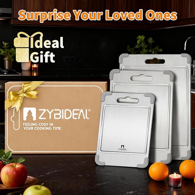 ZYBIDEAL 3Pcs 100% Pure Titanium Cutting Board with Grooves, Update Double Side Titanium Chopping Board, Silicone Anti-slip Stainless Cutting Boards Set for Kitchen