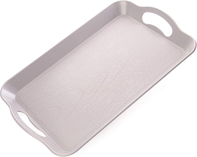 Handled Cafeteria Tray - 14" x 9" Rectangular Wood Grain Textured Plastic Food Serving TV Tray - Great for Restaurant Buffets, Diners, School Lunch, Cafe Commercial Kitchen and More (Grey)