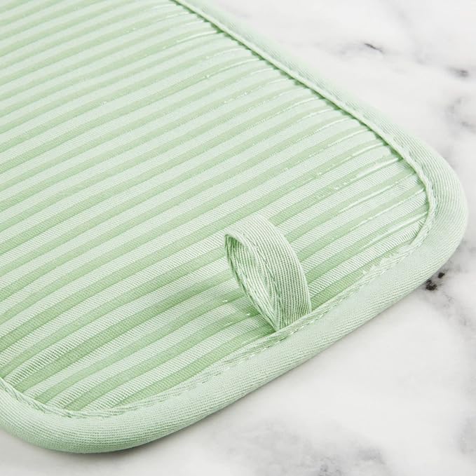 KITCHENAID Quilted Cotton Terry Cloth Oven Mitt, Pot Holder, Kitchen Towel 4-Pack Set, Heat Resistant, Silicone Grip, 16"x26", 7"x13" & 7"x10", Pistachio