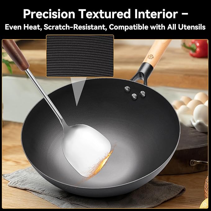 WANGYUANJI Lightweight Carbon Steel Wok with Lid, 12.6" Nitrided Stir Fry Pan - Pre-Seasoned & Rust-Resistant Iron Wok, Flat Bottom for Electric, Induction & Gas Stoves, Easy to Maneuver