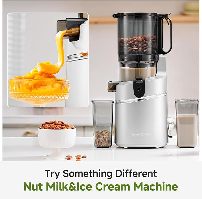 AMZCHEF Juicer Machines, 5.8" Extra Self-Feeding Cold Press Juicer for Whole Vegetable & Fruit, Juice Extractor Machine with Large Auger & Triple Strainers, Easy to Clean, High Juice Yield, Silver