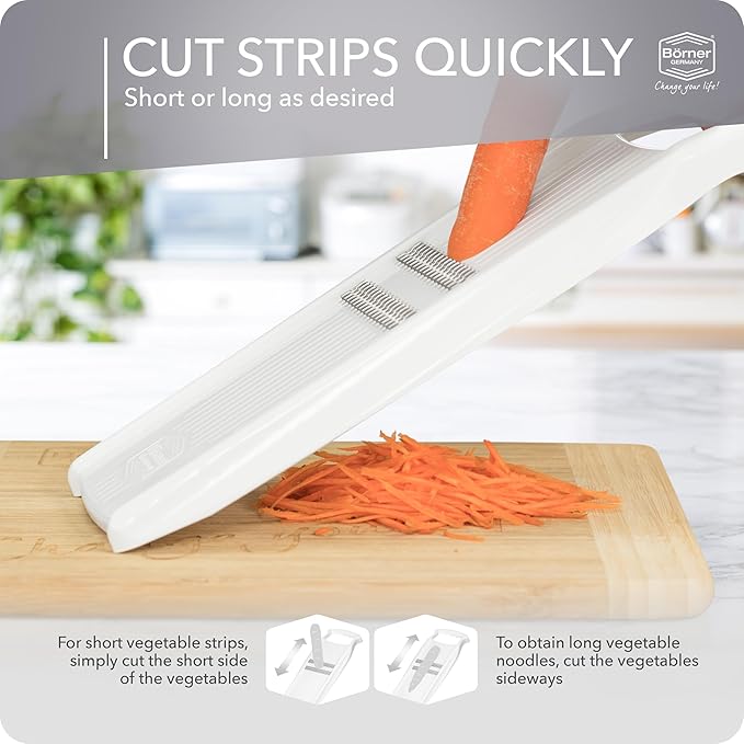 Börner by Reston Lloyd Roko PowerLine • Short & Long Vegetable Strips/Noodles & Safety Food Holder • Made in Germany, White