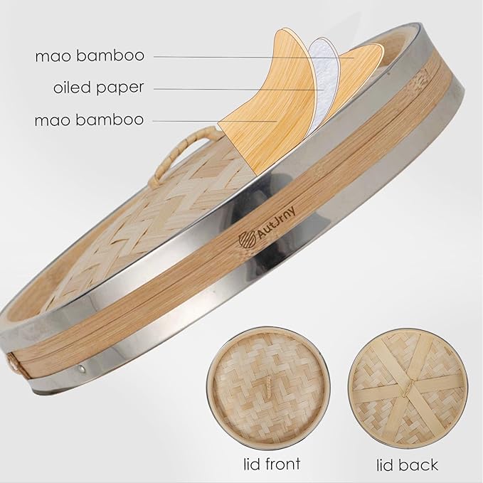 9.5-Inch Vertical Bamboo Steamer Basket, 3-Tier with Stainless Steel Rings | 50 Liners, Sauce Dish & 2-Chopsticks | Cooking Pot for Buns Dumplings Rice Vegetables Dim Sum