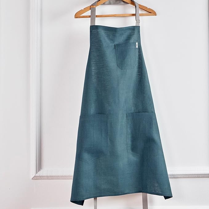 Solino Home Linen Bib Apron for Men & Women - 33 x 30 Inch Kitchen Apron with Front Pockets - Handcrafted from European Flax