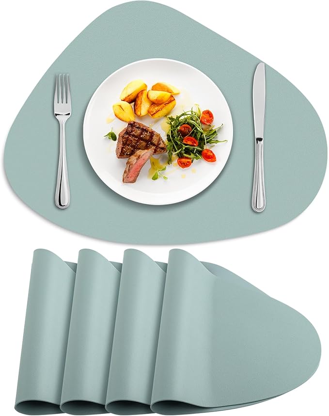 Placemats Set of 4, Heat Resistant Leather Placemats Double Layer, Soft Waterproof Round Table Mats Easy to Clean for Kitchen Dining Room Coffee Office Table, Aqua Green
