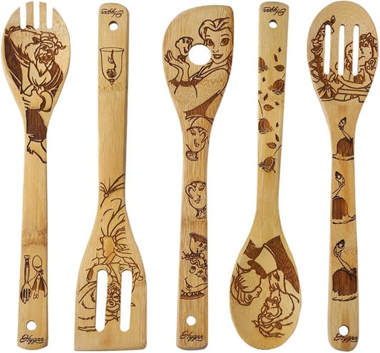 Beauty and the Beast Burned Wooden Spoons Cooking &Serving Utensils Set Bamboo Spoon Slotted Kitchen Utensil Fun Gift Idea Warming Present (Set of 5)
