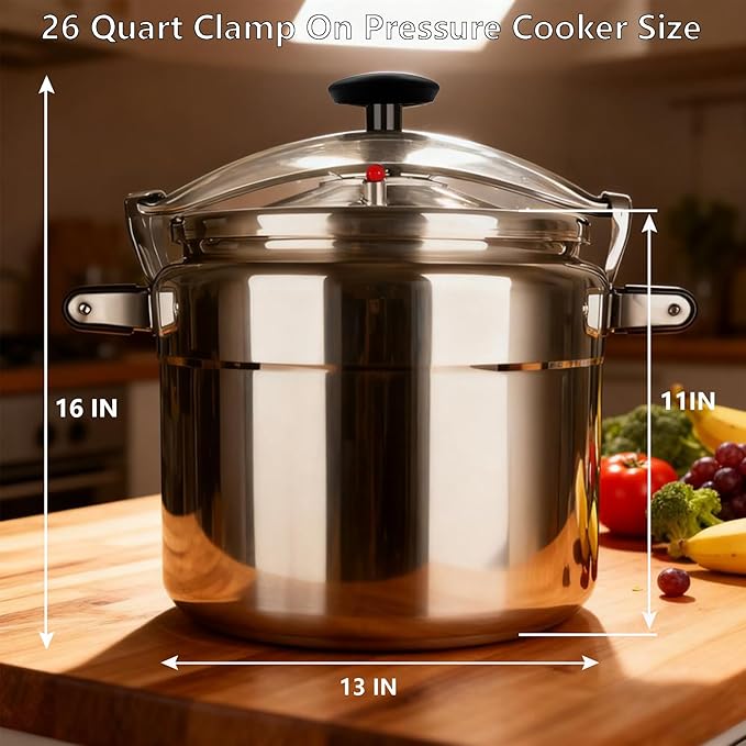 kilogorge 26 Quart Clamp On Pressure Cooker,Heavy-Duty Aluminum Pressure Cooker with Safety Bar Locking Lock, 2 ValvesrFast Cooking,for All Stovetops (Induction Compatible), for Family or Commercial
