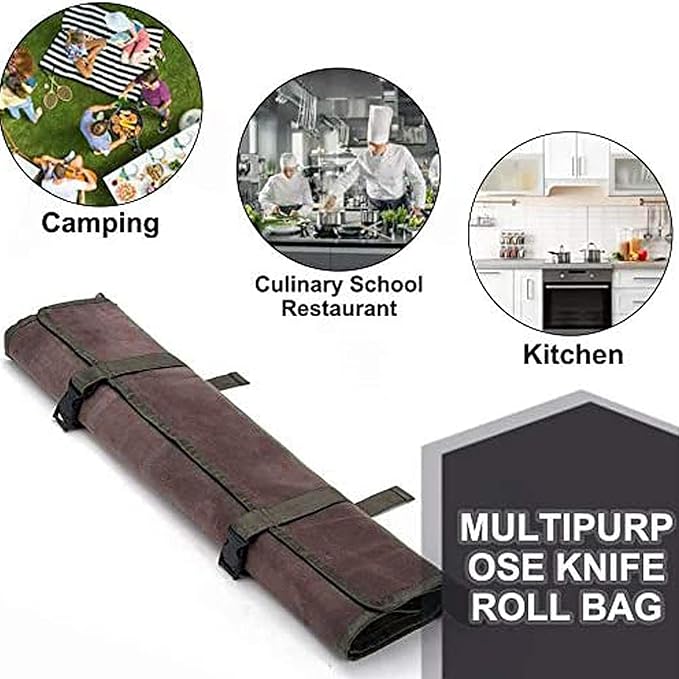 Chef’s Knife Roll Bag,Waxed Canvas Knife Cultery Carrier, Portable Chef Knife Cases,Knife Pouch Holders With 10 Slots Plus 1 Zipper Pockets Can Hold Home Kitchen Knife Tools Up To 18.8”