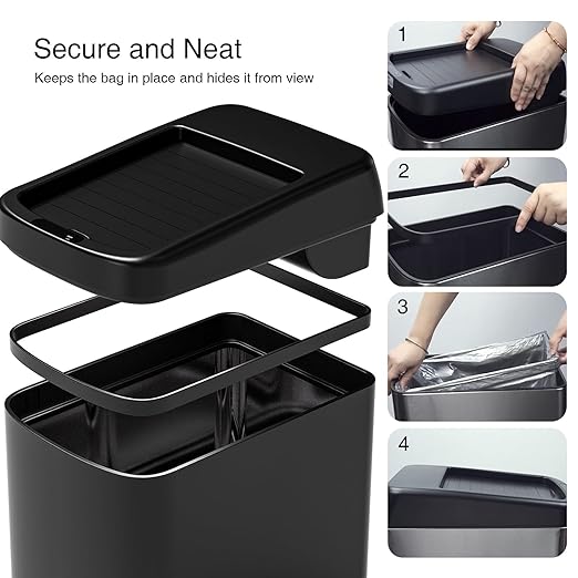 ELLO&ALLO 13 Gallon Touchless Motion Sensor Trash Can, Rectangular Kitchen Waste Bin with Roll Up Lid and Wheels, Matte Black