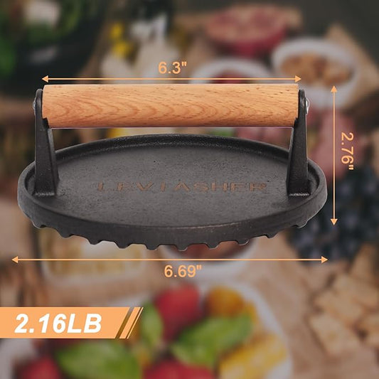 2.2lbs Heavy-Duty Griddle Press for Bacon Burger Steak Meat Paninis Burger Bacon Vegetables, Cast Iron BBQ Grill Press for Weber Blackstone Camp, Food Press for Cooking Round Wood Handle
