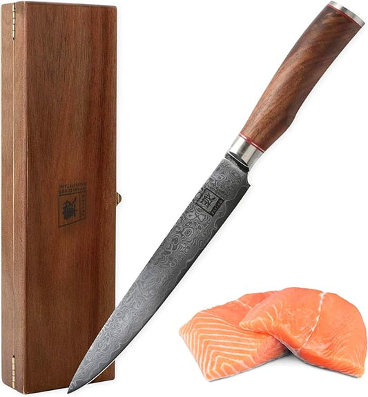 zayiko Carving Knife – 8-Inch Damascus Chef Knife | 67 Layers Steel with VG10 Core | Ergonomic Walnut Wood Handle | Professional Meat and Kitchen Knife in Gift Box