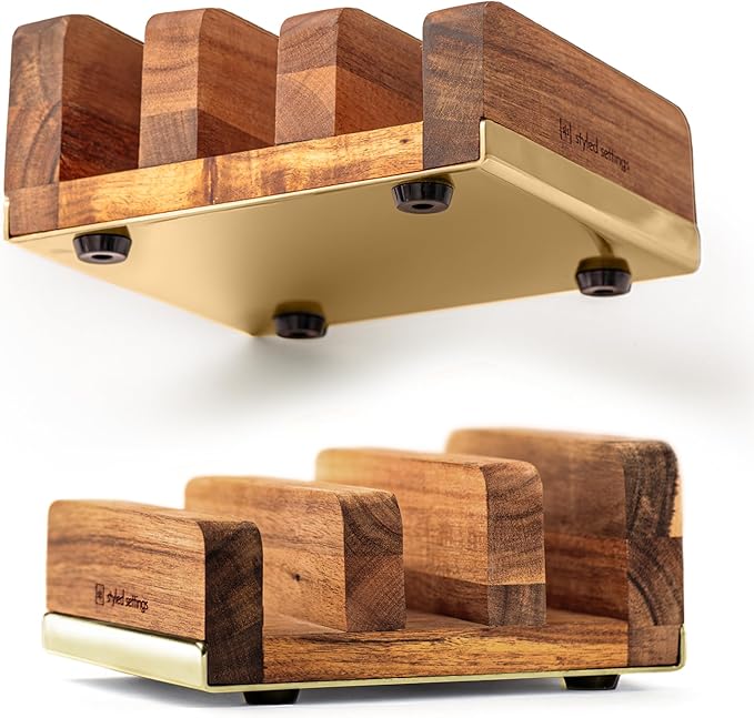 STYLED SETTINGS Cutting Board Organizer – Acacia Wood Stand with Gold Stainless Steel Base, Kitchen Holder Rack for Cabinet or Countertop Storage - Holds Three Boards for Easy Storage