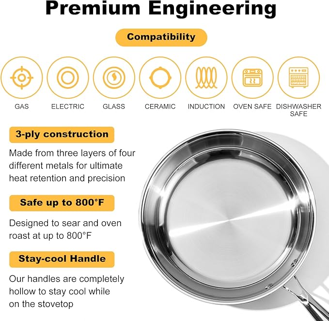 Ranbomer Stainless Steel Pan，Non-Toxic PFAS, PFOA & PTFE Free, Compatible With All Cooktops & Induction Safe, Oven Safe Pan for Searing & Sautéing, Long Lasting Cookware. (10 Inch)