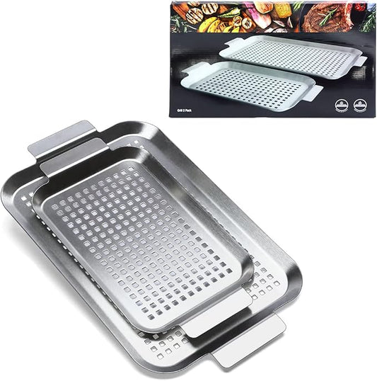 COOK TIME Grill Pan Set of 2, BBQ Grill Topper for Outdoor Grill, Stainless Steel Grilling Baskets with Holes and Handles, Perforated Food Tray Barbecue Accessories for Vegetable, Fish, Large