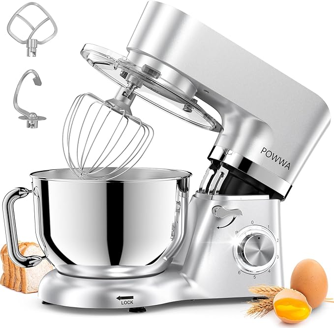 POWWA 7.5 Quart Electric Mixer, 6+1 Speed 660W Tilt-Head Kitchen Food Mixers with Whisk, Dough Hook, Mixing Beater & Splash Guard for Baking, Cake, Cookie (Silver)