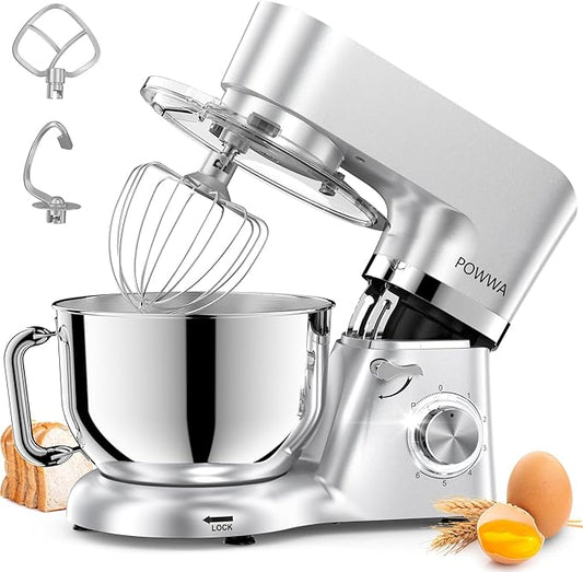 POWWA 7.5 Quart Electric Mixer, 6+1 Speed 660W Tilt-Head Kitchen Food Mixers with Whisk, Dough Hook, Mixing Beater & Splash Guard for Baking, Cake, Cookie (Silver)