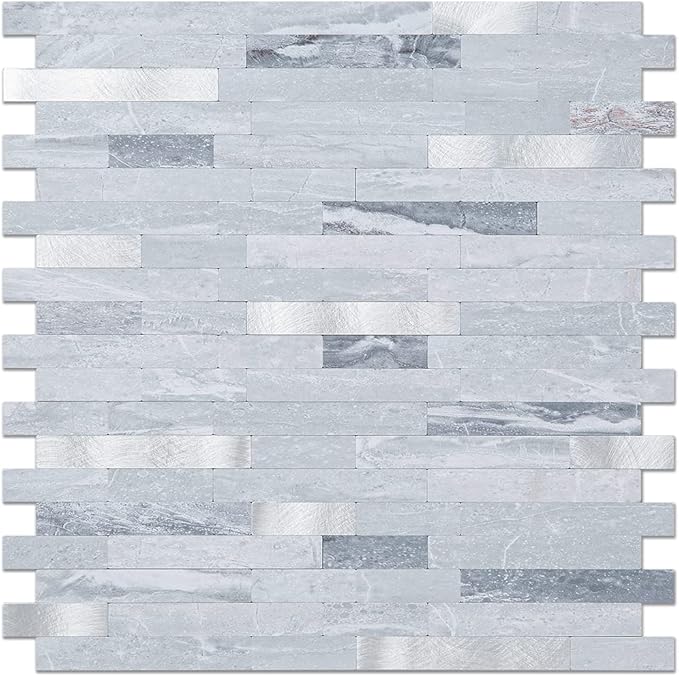 DICOFUN Peel and Stick Backsplash Wall Tiles, 1 Sheet Light Grey Faxu Stone PVC Mixed Metal Kitchen Backsplash Peel and Stick