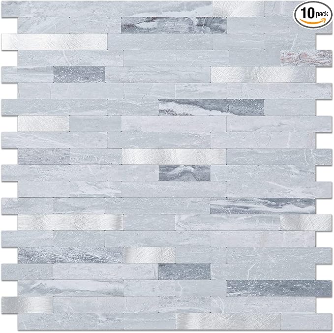 DICOFUN 10-Sheets Peel and Stick Backsplash Wall Tile, Faxu Stone PVC Mixed Metal Kitchen Backsplash Peel and Stick in Light Grey