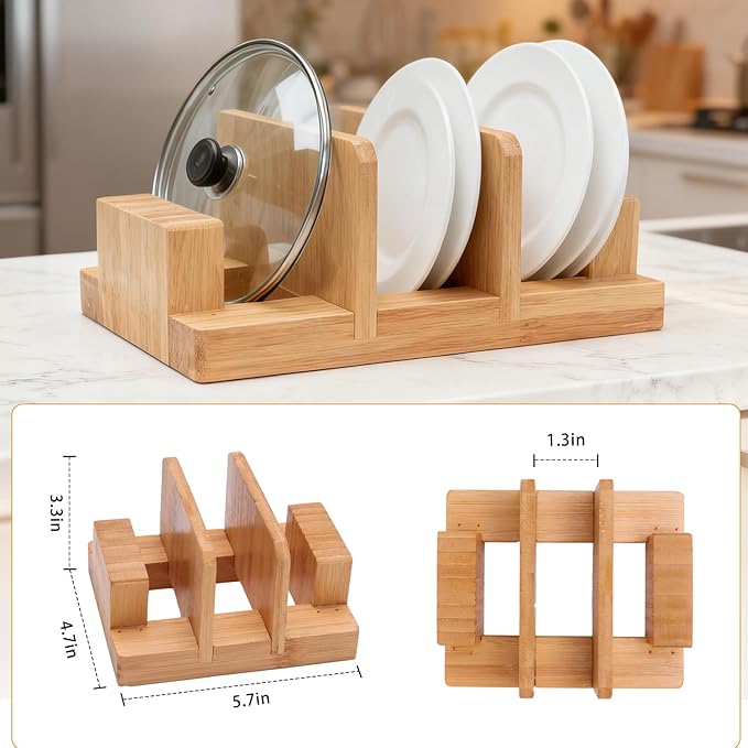 Bamboo Pot Lid Holder Stand, Cutting Board Organizer and Rack for Kitchen Storage, Made Countertop Space Saver for Pot Lids and Cutting Boards