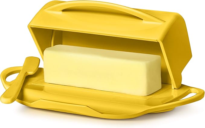Butterie Flip-Top Butter Dish with Lid & Matching Knife, Holds 2 Sticks/European Butter, No-Mess Butter Holder, Shatterproof, Dishwasher Safe, Yellow