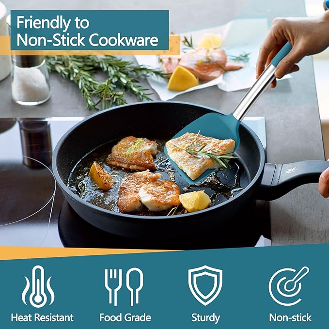 P&P CHEF Blue Kitchen Cooking Utensil Set of 4, Silicone Solid Spatulas Slotted Spoons Turners for Non-stick Cookware Flipping Mixing, Heat-proof