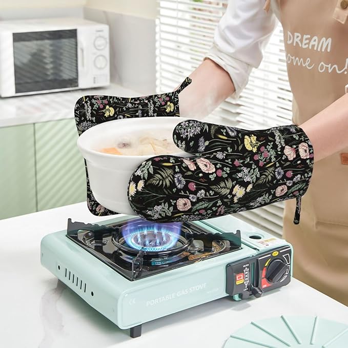 Black Floral Silicone Oven Mitts and Pot Holders Sets Dark Wildflower Rustic Flower Blossom Farmhouse Leaves Botanical Kitchen Mitts Potholder Kitchen Accessories for Cooking Baking BBQ