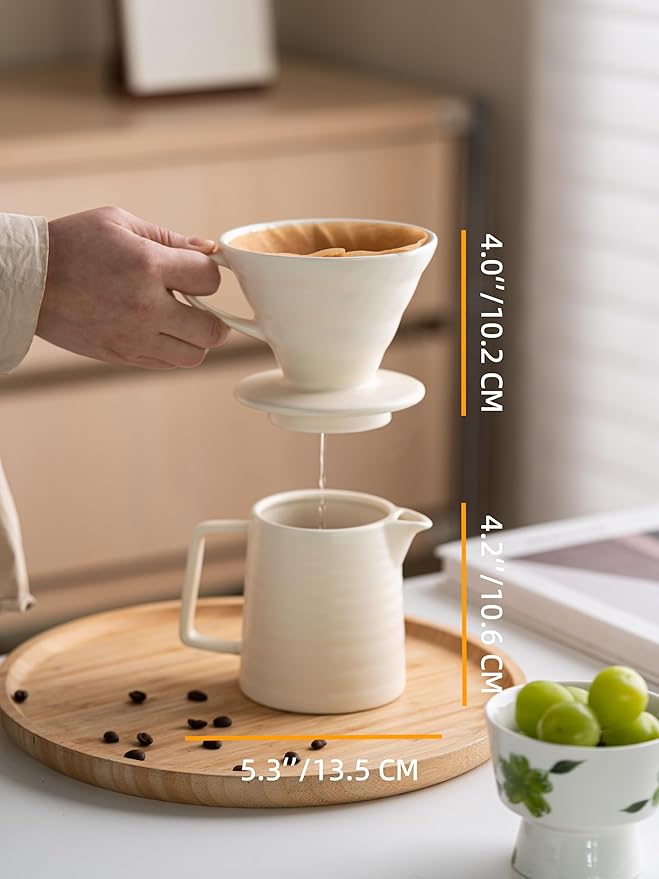 HYAXGM Pour Over Coffee Maker, Ceramic Coffee Maker With 40 pcs Paper Filter,15oz/450ml Pour Over Coffee Dripper (White, V02)