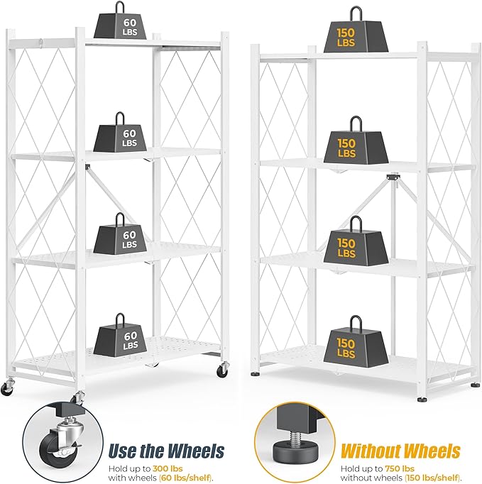 4-Tier Folding Metal Storage Rack - 50" Heavy-Duty Steel Frame with Wheels, No Assembly Utility Organizer, Rolling Shelving Unit for Kitchen, Garage, Pantry, Bedroom (White, 4 Tier)